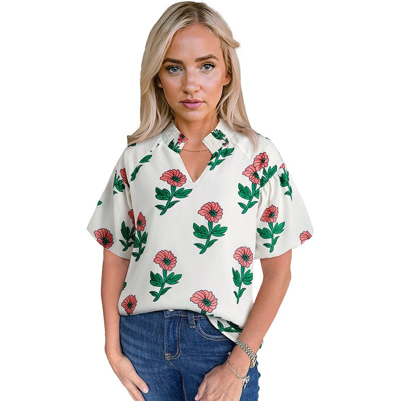 Elara Floral Puff-Sleeve V-Neck Top