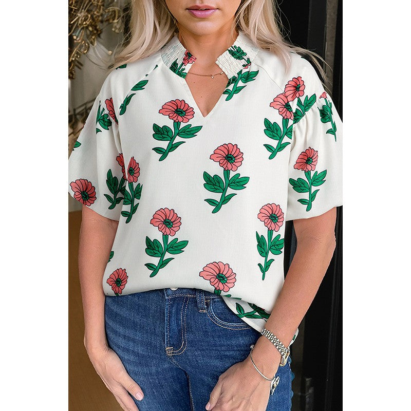 Elara Floral Puff-Sleeve V-Neck Top