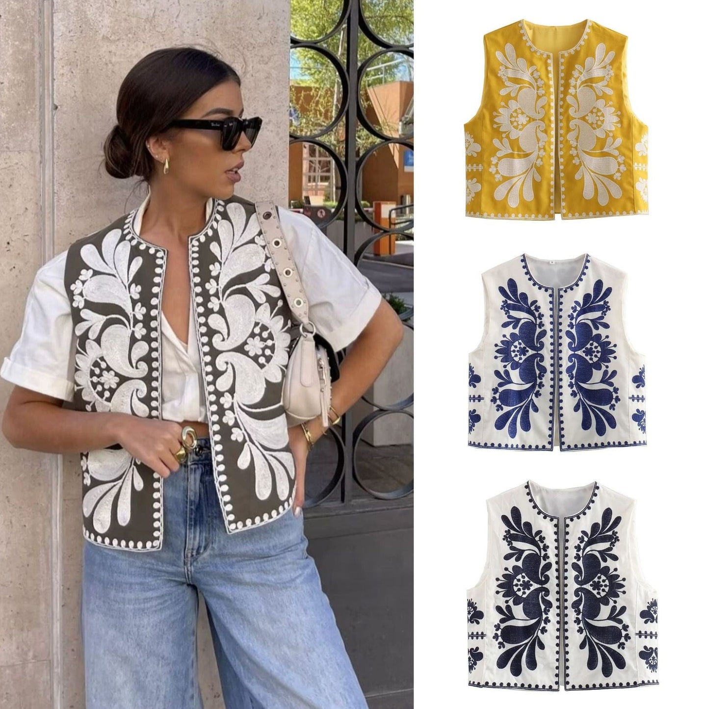 Selene Embroidered Cropped Vest